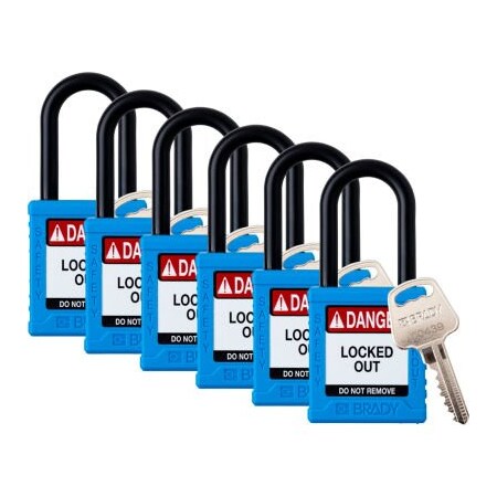 Brady Brady Safety Lockout Padlock, Keyed Different, 1-1/2in, Plastic/Nylon, Blue, 6/PK SDPL-BLU-38PL-KD6